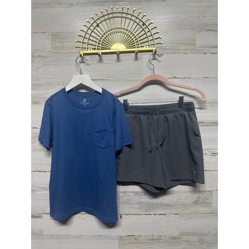 Class Club T-Shirt and 90 Degrees Shorts Set Boys 10/12 Blue Grey Pocket Tee EUC